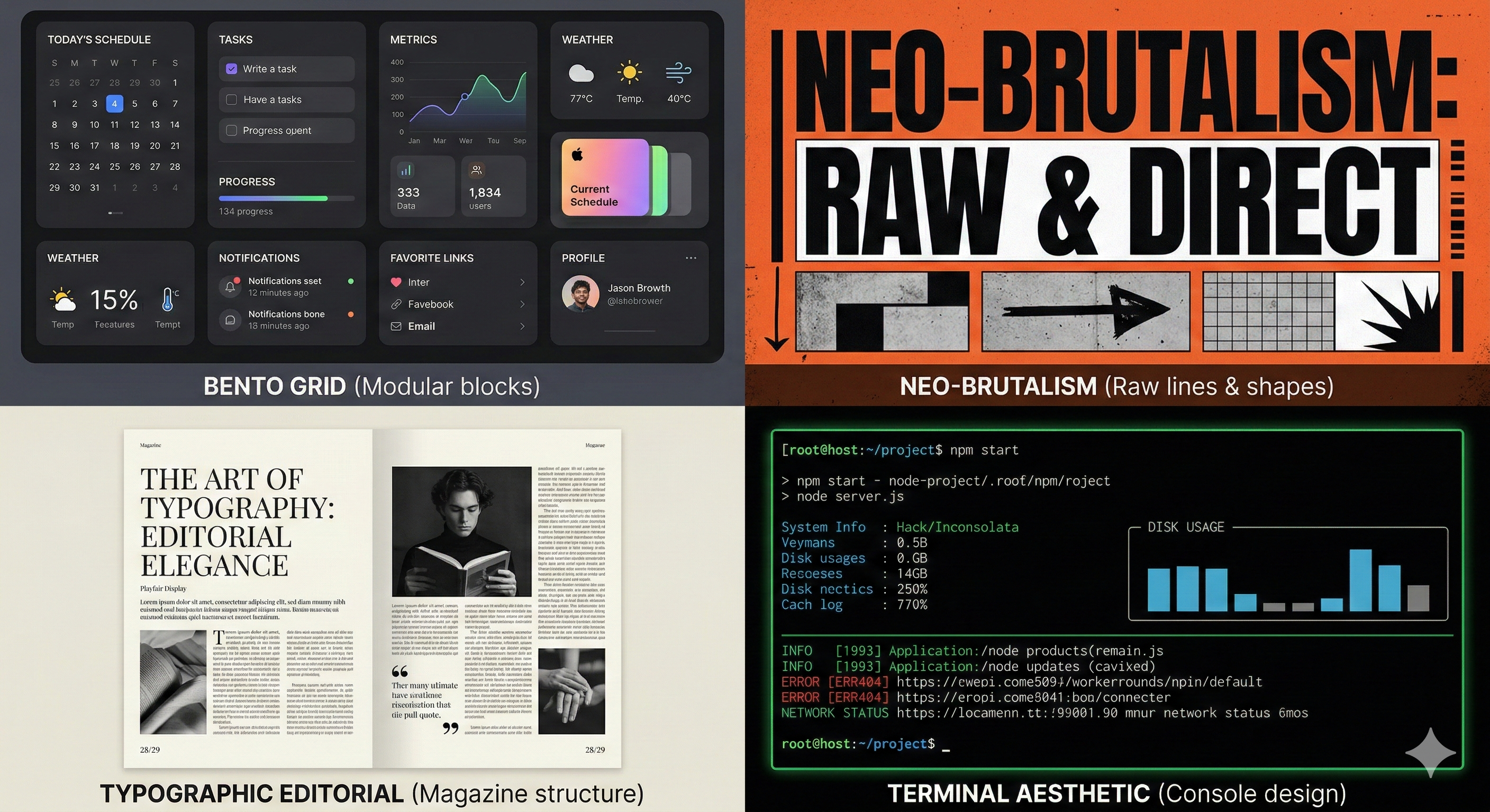 Four design styles — Bento Grid, Neo-Brutalism, Typographic Editorial, Terminal Aesthetic